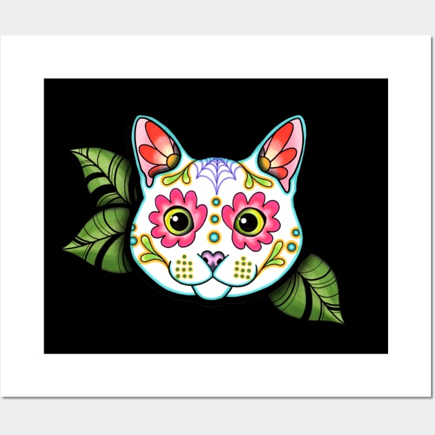 White Cat - Day of the Dead Sugar Skull Kitty Wall Art by prettyinink